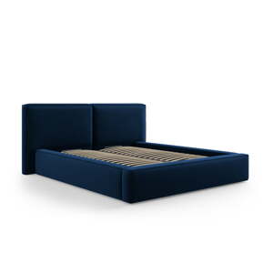 Tmavomodrá zamatová čalúnená dvojlôžková posteľ s úložným priestorom s roštom 200x200 cm Arendal – Cosmopolitan Design