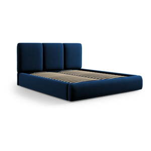 Tmavomodrá zamatová čalúnená dvojlôžková posteľ s úložným priestorom s roštom 140x200 cm Brody – Mazzini Beds